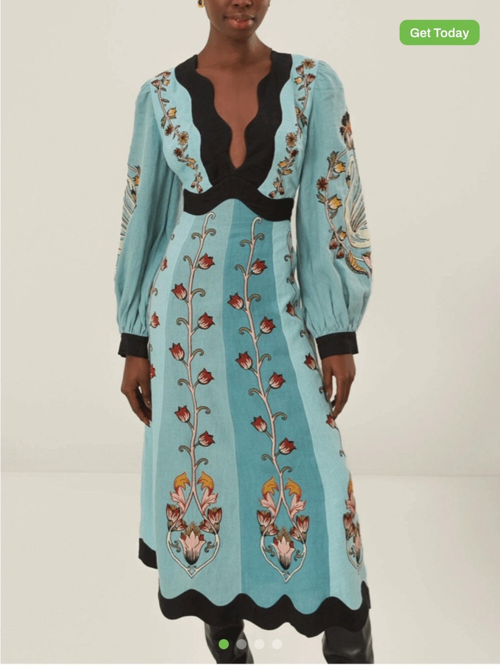 FARM RIO blue embroidered long sleeve midi dress